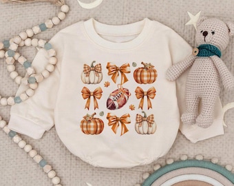 Coquette Bow Pumpkin Romper Sweatshirt, Fall Autumn Baby Outfit, Football Season Toddler Pullover, Halloween Baby Girl Gift, Cozy Romper