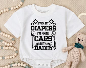 Fixing Cars Romper Sweatshirt, Pack My Diapers Baby Boy Outfit, Daddy and Me Baby Clothes, Mechanic Baby Bodysuit, Cute Baby Shower Gift