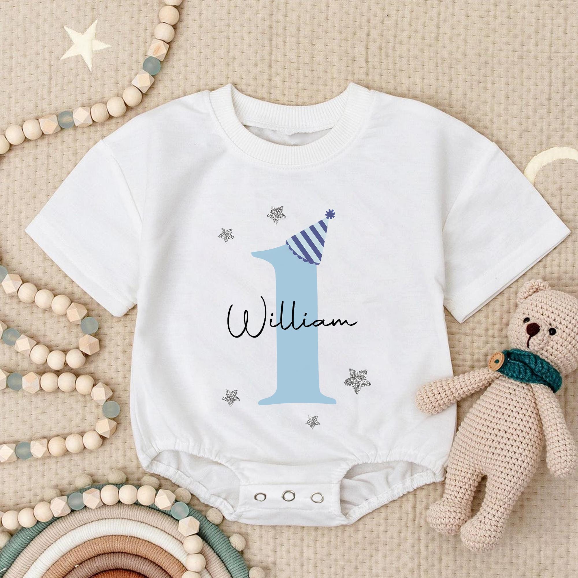 Personalized First Birthday Romper Sweatshirt, Custom Name Baby Boy Outfit, 1st Birthday Baby Bodysuit, Baby Shower Gift, Cake Smash Outfit