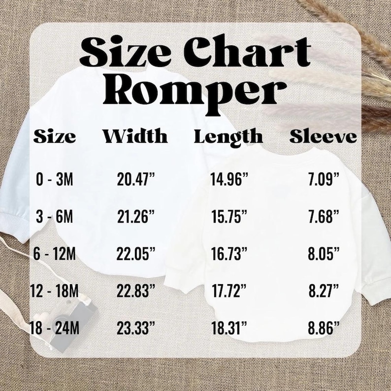 Puede incluir: Tabla de tallas para un mameluco con medidas en pulgadas para el ancho, la longitud y la longitud de la manga para las tallas 0-3M, 3-6M, 6-12M, 12-18M y 18-24M.