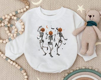 Dancing Skeletons Romper Sweatshirt, Halloween Baby Outfit, Pumpkin Head Costume, Funny Baby Clothes, Fall Baby Gift, Toddler Romper