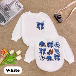 Blue Bow Football Baby Sweater, Cute Game Day Baby Outfit, Sports Themed Baby Clothes, Fall Babywear, Cheerleader Baby, Baby Shower Gift