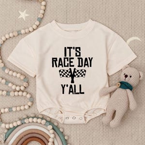 Race Day Baby Romper Sweatshirt, Racing Baby Outfit, It&#39;s Race Day Y&#39;all Bodysuit, Checkered Flag Baby Clothes, Baby NASCAR Gift, Racer Baby