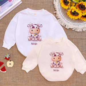 Adorable Cow Animal Personalized Baby Bodysuit, Custom Name Romper Sweatshirt, Cute Baby Shower Gift, Farm Animal Baby Outfit