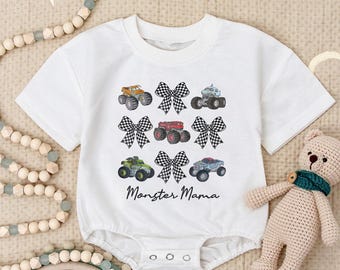 Monster Truck Baby Romper Sweatshirt, Monster Mama Baby Outfit, Racing Bow Baby Clothes, Baby Boy Girl Truck Bodysuit, Checkered Baby Gift