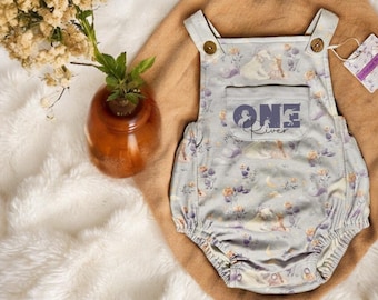 May include: A light blue baby onesie with a floral print and a pocket on the front. The pocket has the text "ONE River" printed on it.