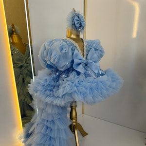 Blue Baby Girl Dress with Long Tail, Toddler Blue Dress Fancy, Toddler Girl Pageant Dress, Birthday Party Dress, Puffy Kids Prom Dress