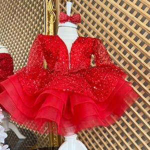 Red Long Sleeve Sequined Baby Girl Dress, Puffy Toddler Christmas Dress, Baby Tulle Christmas Dress, Girls Holiday Tutu Dress