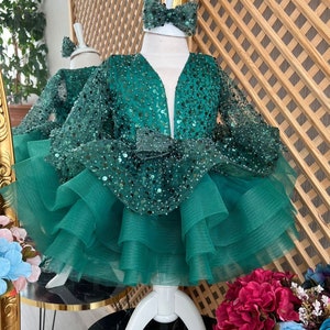 Green Baby Girl Puffy Dress, Holiday Christmas Dress, Baby Girl Tutu Dress, Toddler Party Dress, Baby Birthday Dress, Fancy Girl Dress