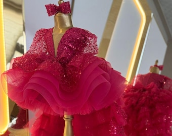 Vestido de fiesta rosa de tul para niña pequeña con cola, vestido de princesa rosa, vestido de concurso para niña pequeña, vestido de graduación para niñas, vestido de fiesta de cumpleaños, vestido de damita de honor