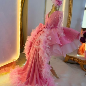 Pink Baby Princess Dress with Long Tail, Pink Toddler Dress, Toddler Prom Dress, Pink Puffy Dress with Feather, Baby Birthday Party Dress