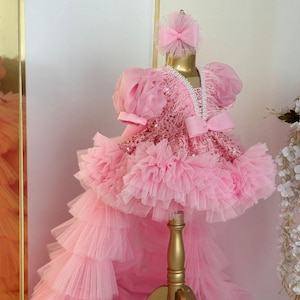 Pink Princess Dress with Train,Pink Toddler Pageant Dress,Tulle Princess Dress,Kids Prom Dress,First Birthday Party Dress,Baby Pageant Dress