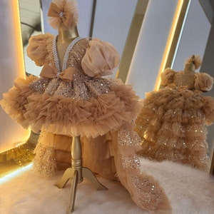 Gold Tulle Princess Dress with Tail, First Birthday Party Dress for Girl, Toddler Girl Pageant Dress, Special Occasion Baby Dress