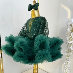 Grünes Mädchen geschwollenes Kleid, Kleinkind-Festzugskleid, Pailletten-Tüll-Mädchenkleid, erster Geburtstag Kleid, Baby-Tutu-Kleid, Babymädchen-Festzugskleid