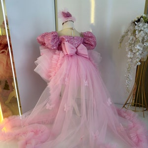 Pink Baby Girl Prom Dress with Train, Butterfly First Birthday Dress, Toddler Princess Dress for Special Occasion, Toddler Birthday Dress