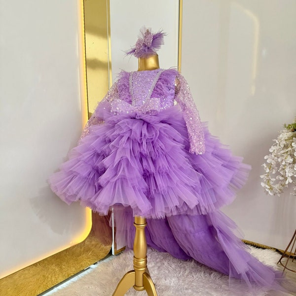 Purple Sequined Tulle Sleeve Girl Dress, Toddler Pageant Dress for Girl, Prom Dress for Kid, Girl Birthday Party Dress, Long Tail Girl Dress