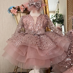 Pink Sequined Baby Puffy Dress, Baby Girl Dress, Girl Tutu Dress, Toddler Party Dress, Flower Girl Dress, 1st Birthday Dress, Princess Dress