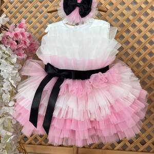 Pink and White Puffy Dress, Baby Wedding Dress, Girl Birthday Dress, Toddler Tulle Dress, 1st Birthday Party Dress, Girl Tutu Dress