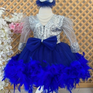 Blue and Silver Sequined Puffy Dress, Baby Girl Birthday Dress, Toddler Party Dress, Fancy Baby Dress, Photoshoot Dress, Girl Tutu Dress