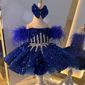 Blue Sequined Feather Baby Dress: Glitz Pageant Gown