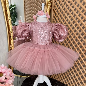 Pink Puffy Princess Girl Dress, Baby Girl Tulle Dress, Sequined Fancy Baby Dress, First Birthday Dress, Toddler Party Dress, Tutu Dress