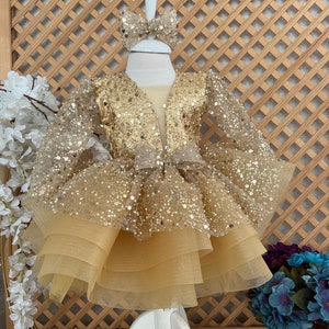 Gold Puffy Sequined Girl Dress, Baby Tulle Dress, Princess Girl Dress, Photoshoot Baby Dress, Toddler Party Dress, Girl Tutu Dress