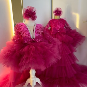 Pink Long Tail Baby Girl Puffy Dress, Toddler Prom Dress for Girl, First Birthday Party Dress, Baby Princess Dress, Baby Pageant Dress