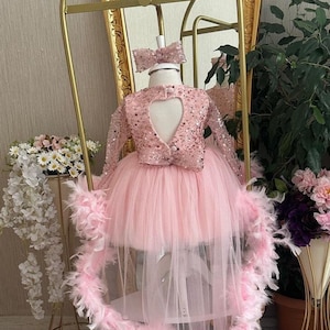 Pink Long Tulle Dress With Feather, Sequined Girl Tutu Dress, Puffy Toddler Dress, Baby Bridesmaid Dress, Girl Pageant Dress