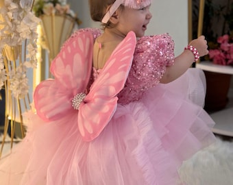 Pink Princess Butterfly Dress for Special Occasion, Pink Toddler Glitz Pageant Dress, Tulle Toddler Girl Dress, Baby Girl Pageant Dress