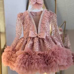 Pink Baby Girl Glitz Pageant Dress, Puffy Girl Dress, Tulle Toddler Dress, 1st Birthday Dress, Pink Princess Dress, Flower Girl Dress