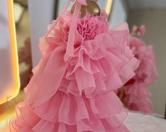 Pink Baby Girl Birthday Dress with Train, Toddler Pageant Dress, Kids Prom Dress, White Pink Princess Dress, Baby Tulle Dress