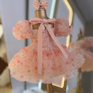May include: A pink tulle dress with a floral pattern and sequins. The dress has a square neckline and puff sleeves. A pink bow is attached to the back of the dress.