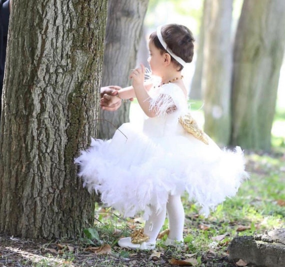 White Tulle Feather Baby Dress: Princess Wedding, Baptism Outfit
