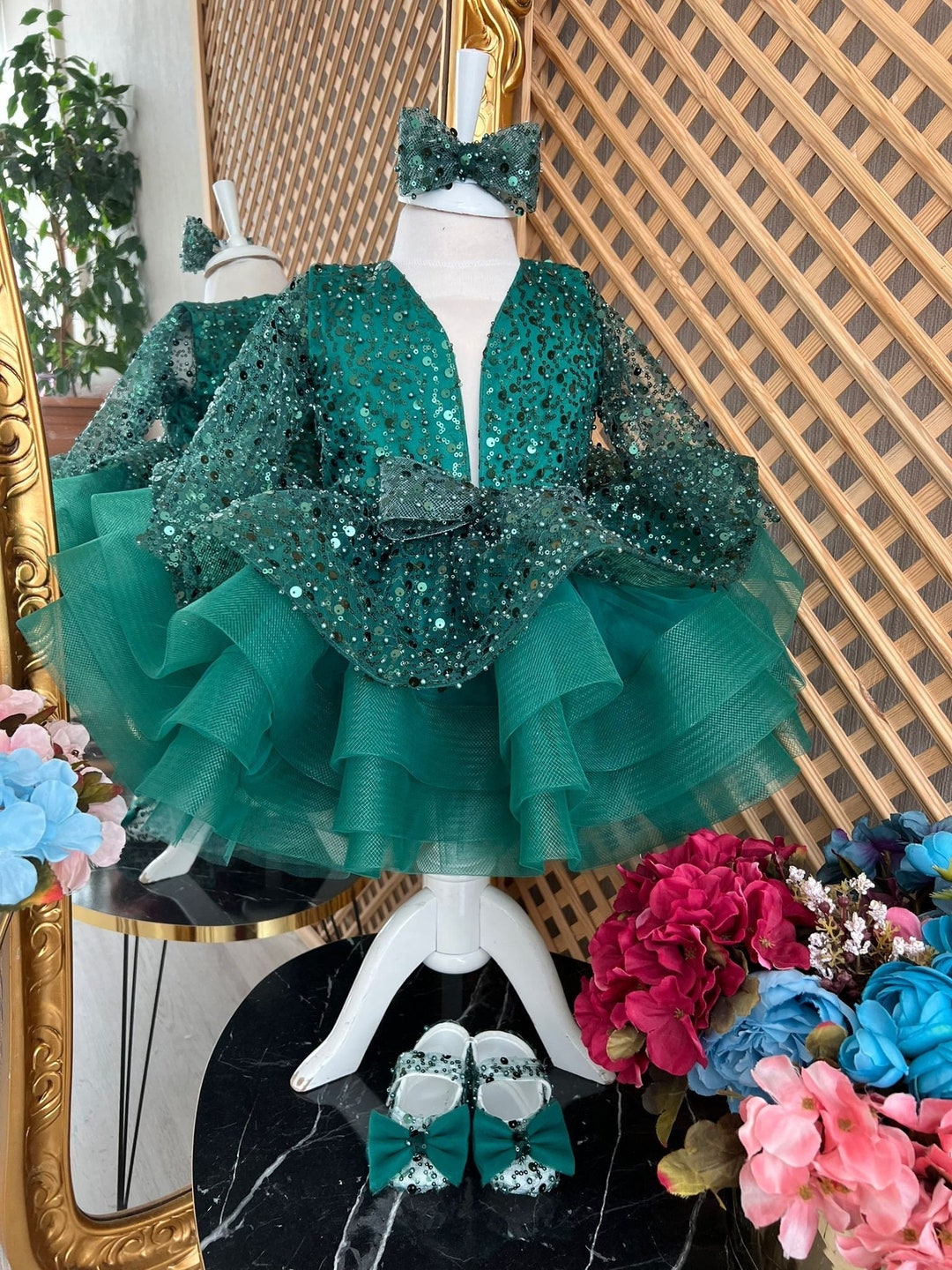 Green Baby Girl Puffy Dress, Holiday Christmas Dress, Baby Girl Tutu