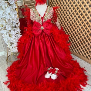 Christmas Red Baby Trainer Dress with Shoes, 1st Birthday Party Puffy Dress, Toddler Party Dress, Fancy Girl Red Dress, Girl Birthday Dress