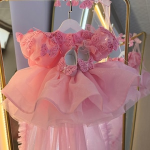 Puede incluir: Un vestido rosa para beb&eacute; con detalles de mariposas, una diadema a juego y zapatos. El vestido presenta capas de tul y aplicaciones de mariposas. Los zapatos tambi&eacute;n tienen detalles de mariposas. El vestido est&aacute; colgado en una percha dorada.