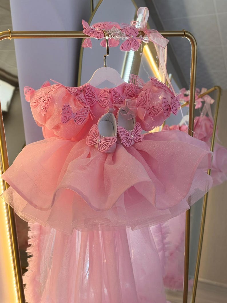 Puede incluir: Un vestido rosa para beb&eacute; con detalles de mariposas, una diadema a juego y zapatos. El vestido presenta capas de tul y aplicaciones de mariposas. Los zapatos tambi&eacute;n tienen detalles de mariposas. El vestido est&aacute; colgado en una percha dorada.