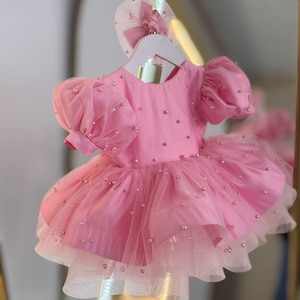 Pink Baby Girl Puffy Dress, Pink Floral Girl Dress, Toddler Girl Prom Dress, 1st Birthday Party Dress, Pink Baby Pageant Dress