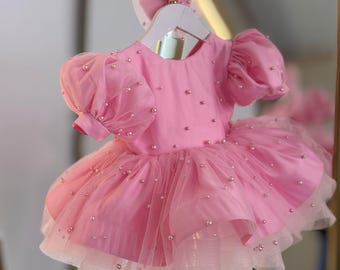 Vestido rosa abullonado para bebé niña, vestido rosa floral para niña, vestido de graduación para niña pequeña, vestido para fiesta de primer cumpleaños, vestido rosa para concurso de belleza infantil