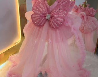 Vestido rosa de mariposa para bebé niña con cola, vestido brillante para niña pequeña para concurso de belleza, vestido rosa de princesa, vestido para fiesta de primer cumpleaños, vestido de tul para niña