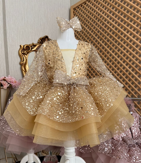 Gold Puffy Sequined Girl Dress, Baby Tulle Dress, Princess Girl Dress,  Photoshoot Baby Dress, Toddler Party Dress, Girl Tutu Dress