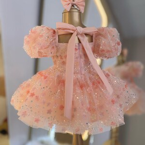 May include: A pink tulle dress with floral embroidery and a pink satin bow. The dress has puff sleeves and a full skirt.