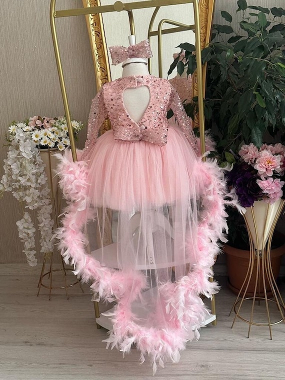 Pink Long Tulle Dress With Feather, Sequined Girl Tutu Dress