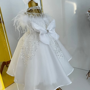 White Glitz Pageant Dress for Girl, First Birthday Baby Dress, Feather Girl Dress, Toddler Prom Dress, Baptism Girl Dress, White Puffy Dress