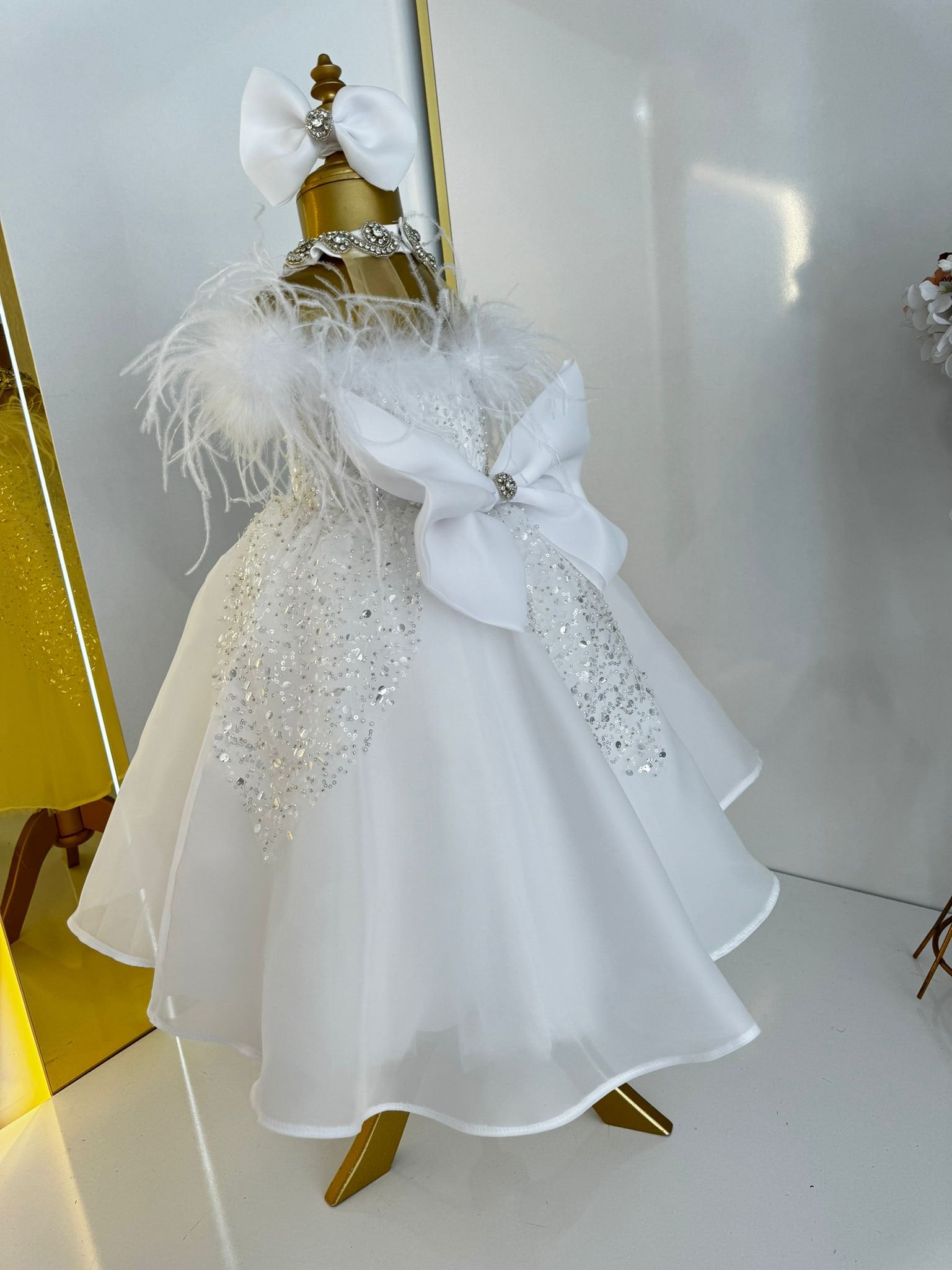 White Glitz Pageant Dress for Girl, First Birthday Baby Dress, Feather Girl Dress, Toddler Prom Dress, Baptism Girl Dress, White Puffy Dress