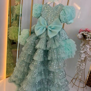 Blue Baby Princess Dress with Train, Toddler Pageant Dress for Girl, Blue Birthday Party Dress, Tulle Girl Dress, Glitz Baby Pageant Dress