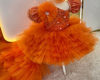 Orange Baby Long Tail Dress, Girl Wedding Dress, Toddler Photo Shot Dress, Girl Pageant Dress, Puffy Baby Birthday Dress, Princess Dress