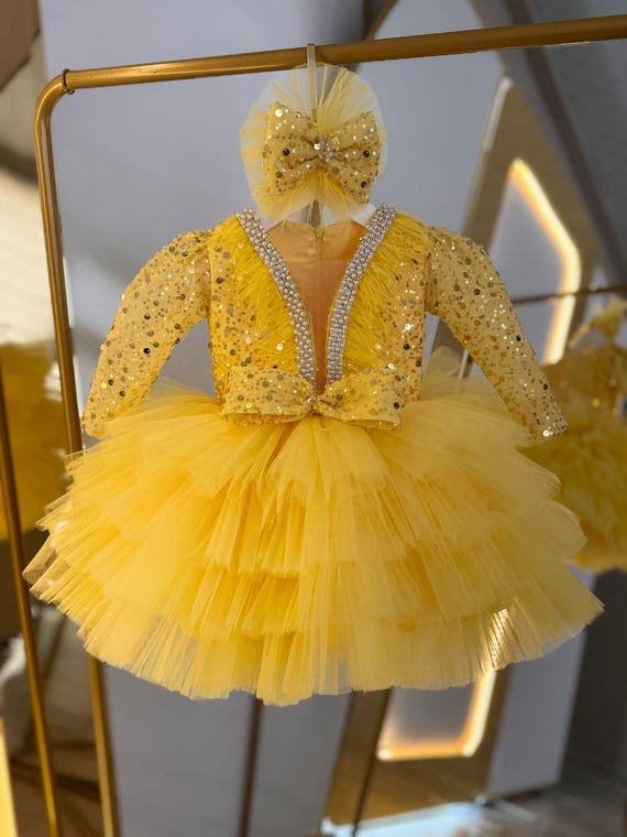 Vestido amarillo con vuelo para bebé, vestido de tul para el