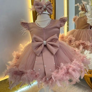 Rose Feather First Birthday Dress With Big Flower, Puffy Toddler Dress, Tutu Girl Dress, Kindergarten Graduation Dress For Toddler
