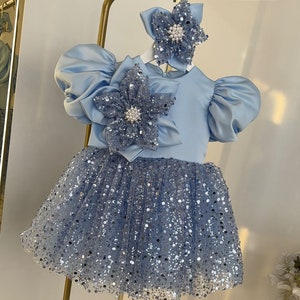 Blue Sequined Baby Girl Dress with Clasp, Baby Puffy Dress, Kids Prom Dress, Blue Princess Dress, Baby Pageant Dress, Blue Toddler Dress